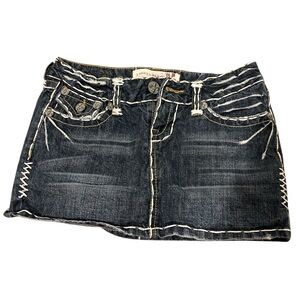 Laguna B Dark Blue Distressed Denim Mini Skirt with White Stitching